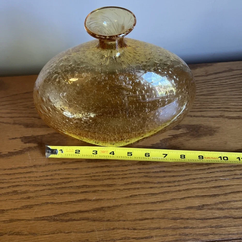 Vintage Bubble Glass Vase Amber Yellow Art Glass Contemporary MCM